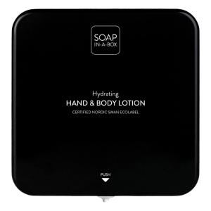 Soap-In-A-Box fényes fekete kéz- és testápoló adagoló, előlap