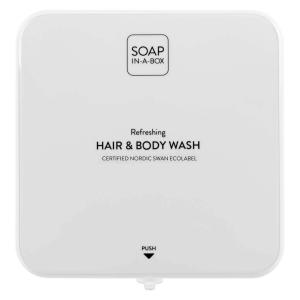 Soap-In-A-Box fényes fehér tusfürdő és sampon adagoló, előlap