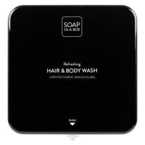 Soap-In-A-Box fényes fekete tusfürdő és sampon adagoló, előlap