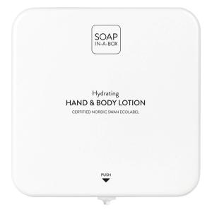 Soap-In-A-Box fényes fehér kéz- és testápoló adagoló, előlap