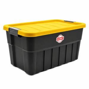 Planet műanyag tárolódoboz, csattal, kerékkel, fekete/sárga 30L